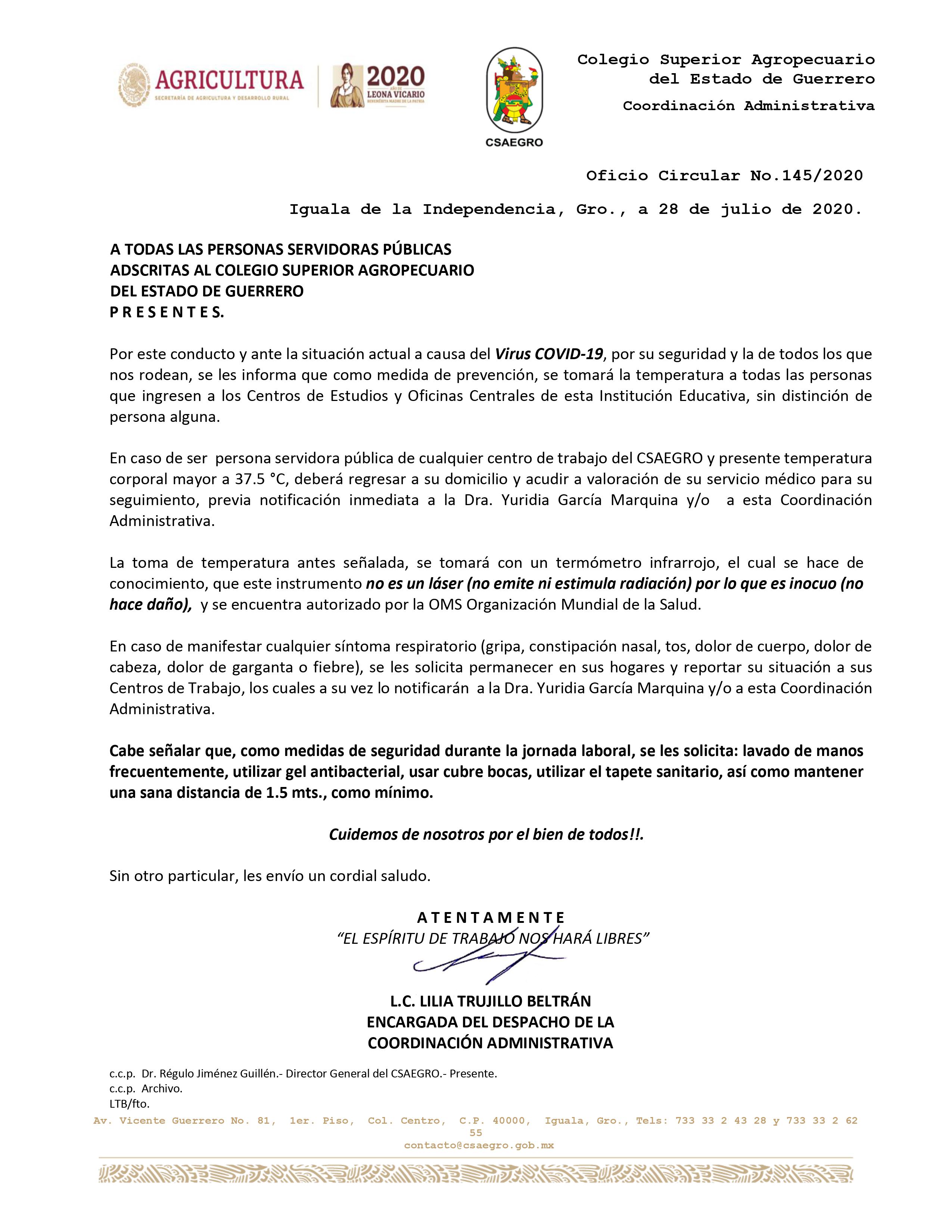 OFICIO 145-2020 MEDIDAS DE PREVENCION COVID 19