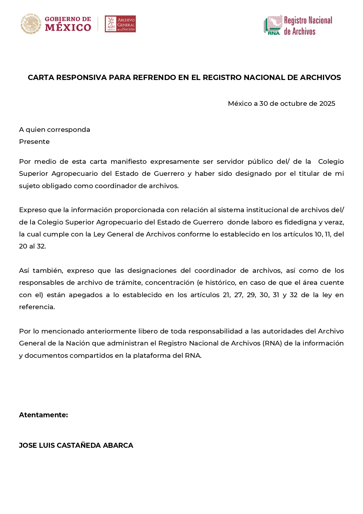 Carta Refrendo - Colegio Superior Agropecuario del Estado de Guerrero