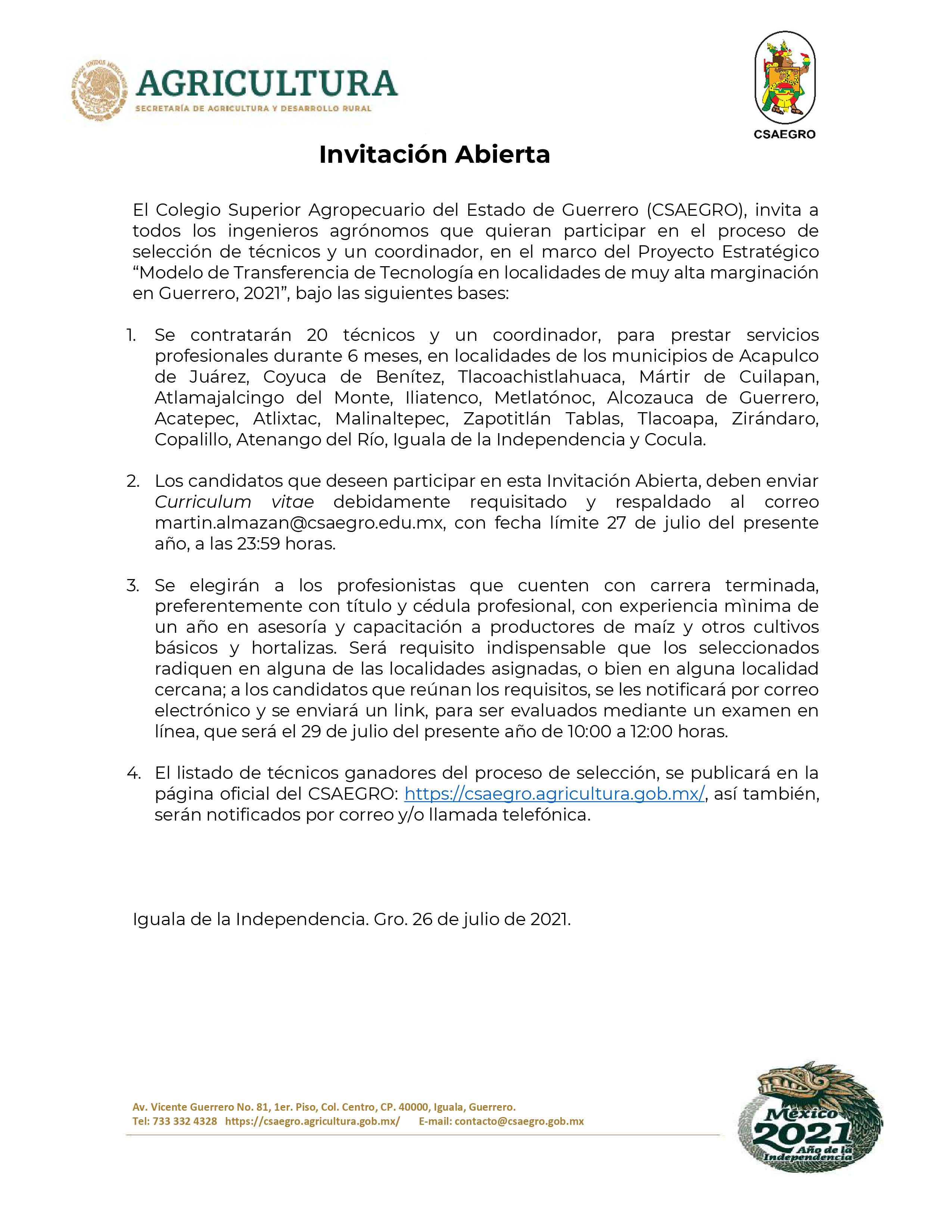 Invitación Abierta - Para el Proceso de selección del “Modelo de Transferencia de Tecnología en localidades de muy alta marginación en Guerrero 2021”  