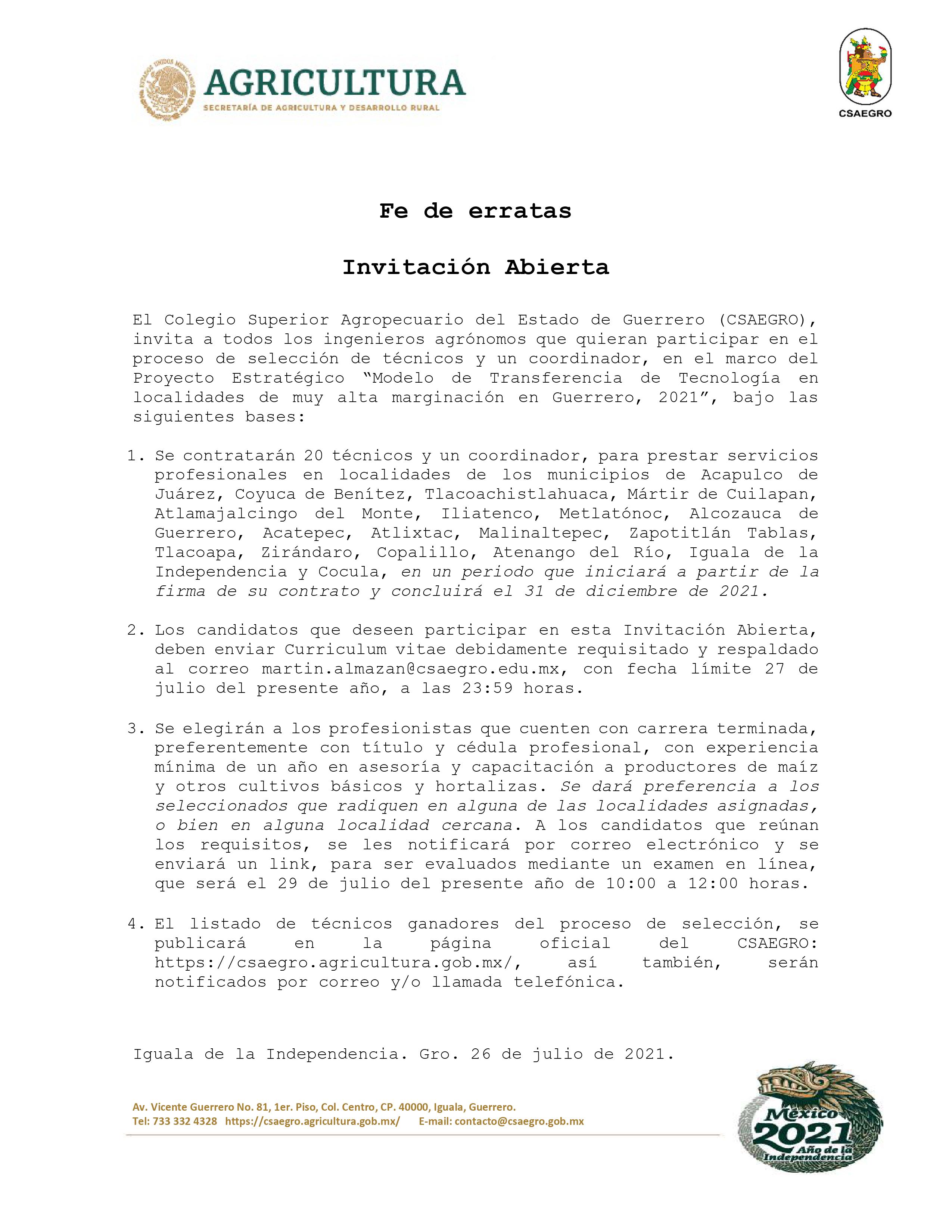 Invitación Abierta - Para el Proceso de selección del “Modelo de Transferencia de Tecnología en localidades de muy alta marginación en Guerrero 2021”  Fe de Erratas