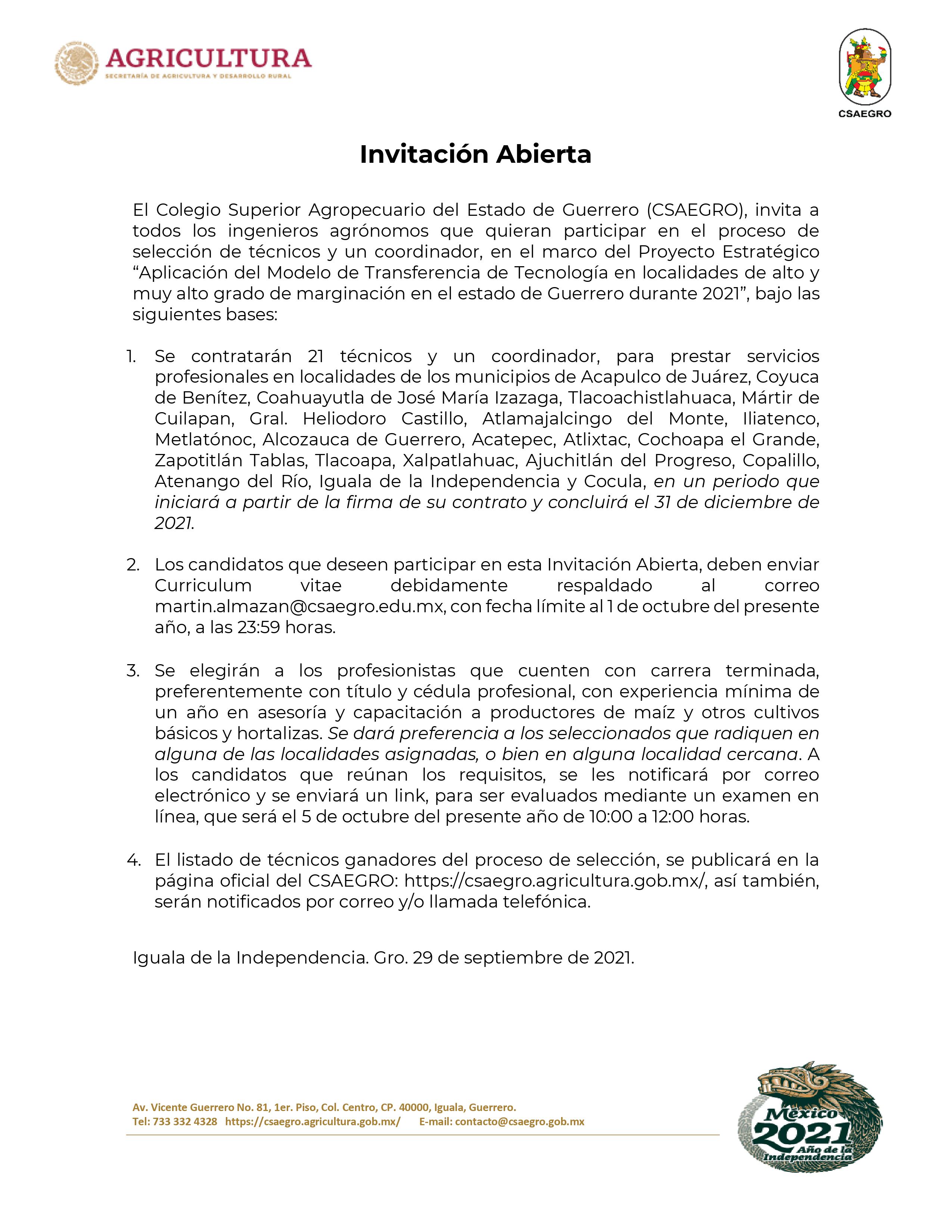 Invitación Abierta - Para el Proceso de selección “Aplicación del Modelo de Transferencia de Tecnología en localidades de alto y muy alto grado de marginación en el estado de Guerrero durante 2021”