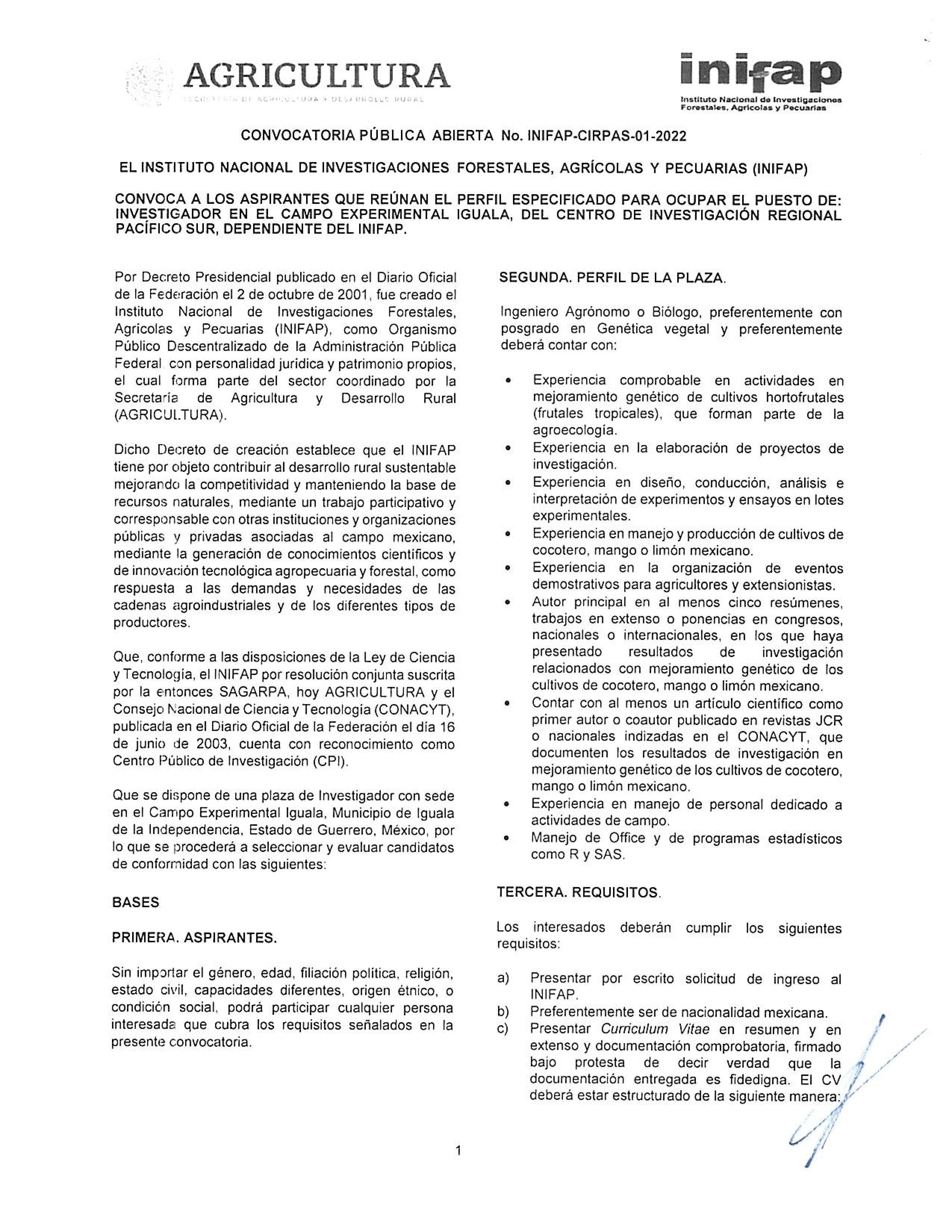 CONVOCATORIA PUBLICA ABIERTA NO. INIFAP-CIRPAS-01-2022 PAG.1