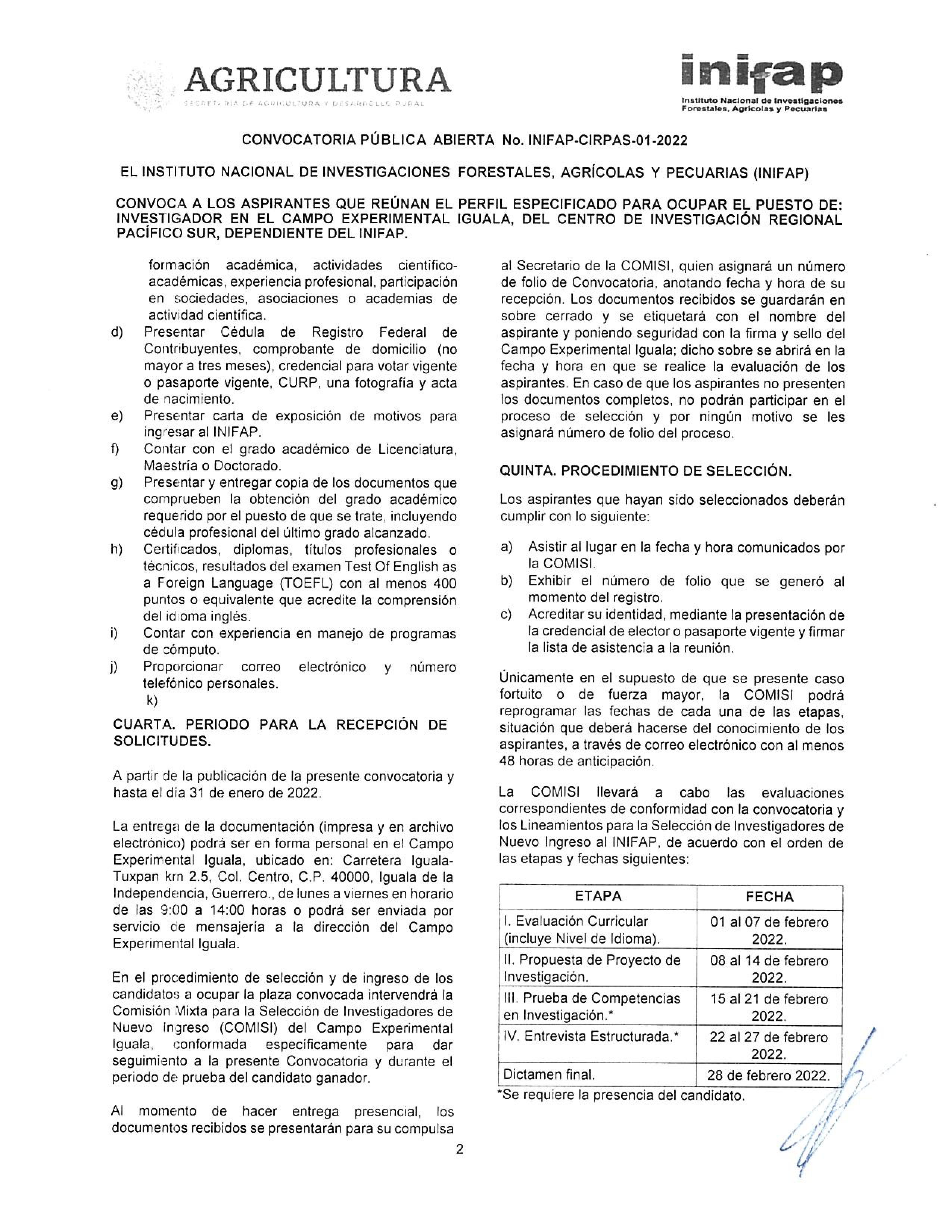 CONVOCATORIA PUBLICA ABIERTA NO. INIFAP-CIRPAS-01-2022 PAG.2