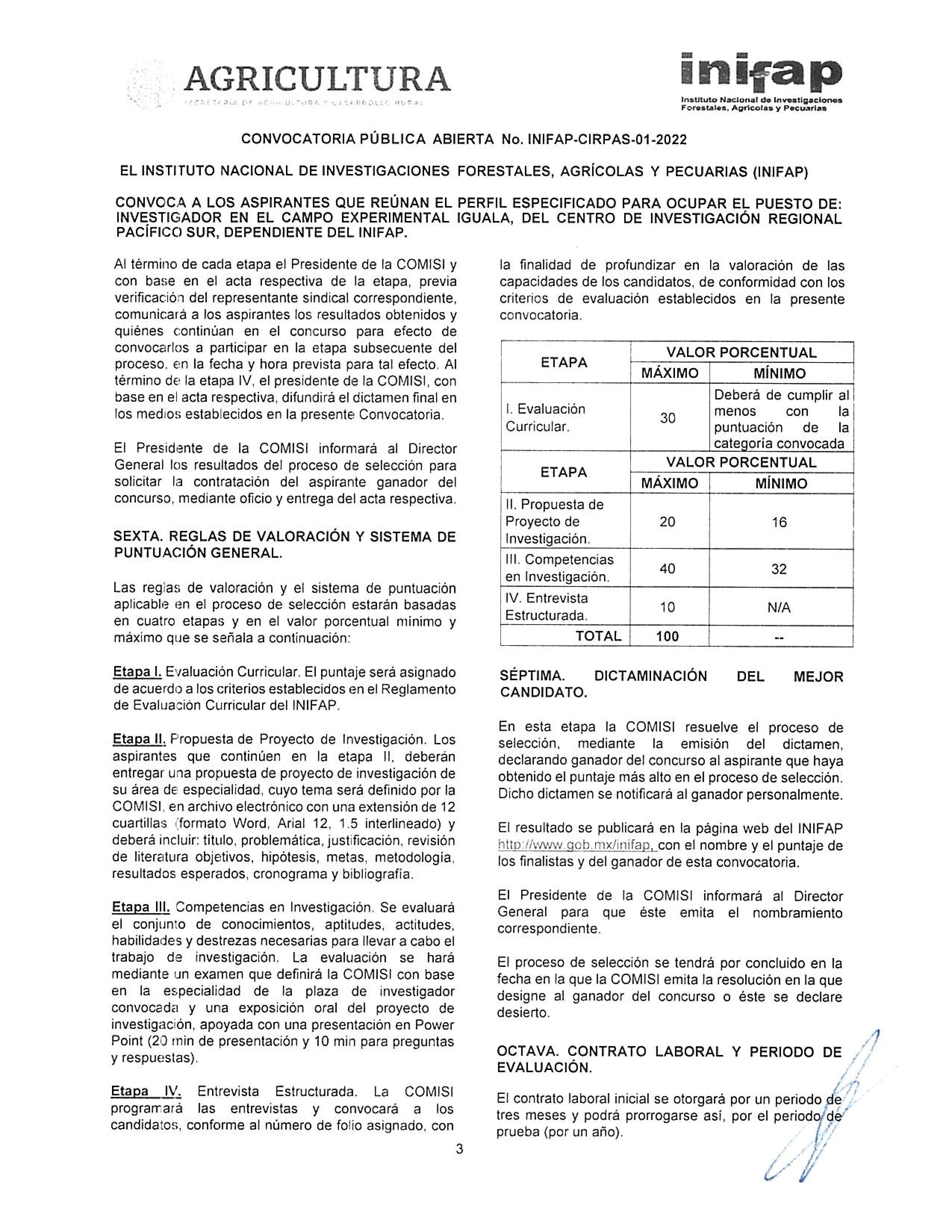 CONVOCATORIA PUBLICA ABIERTA NO. INIFAP-CIRPAS-01-2022 PAG.3