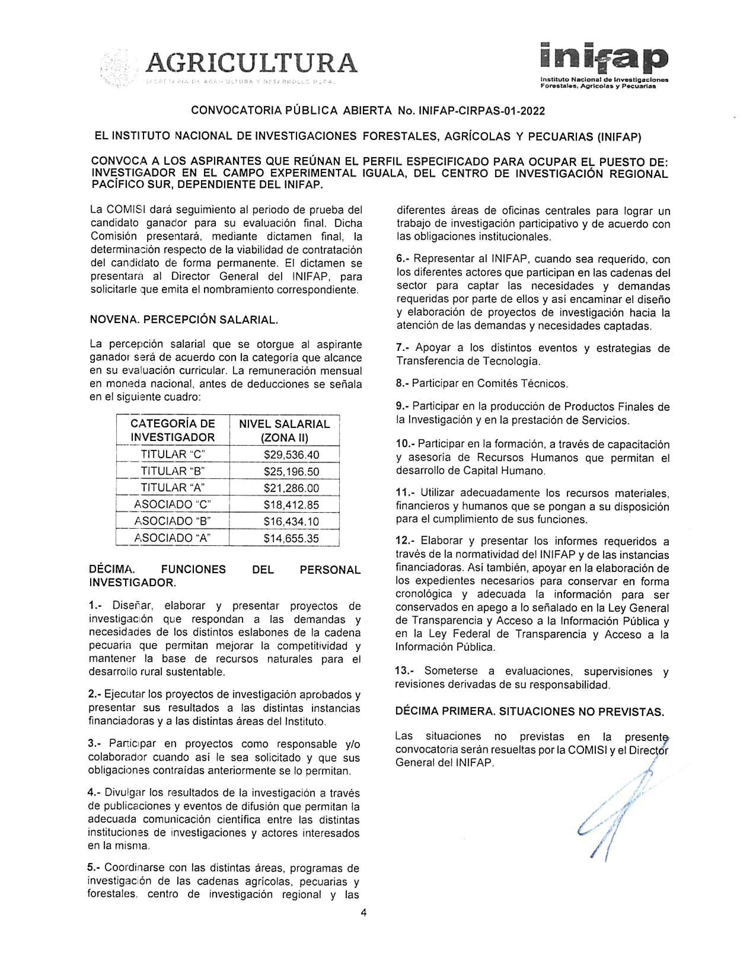 CONVOCATORIA PUBLICA ABIERTA NO. INIFAP-CIRPAS-01-2022 PAG.4