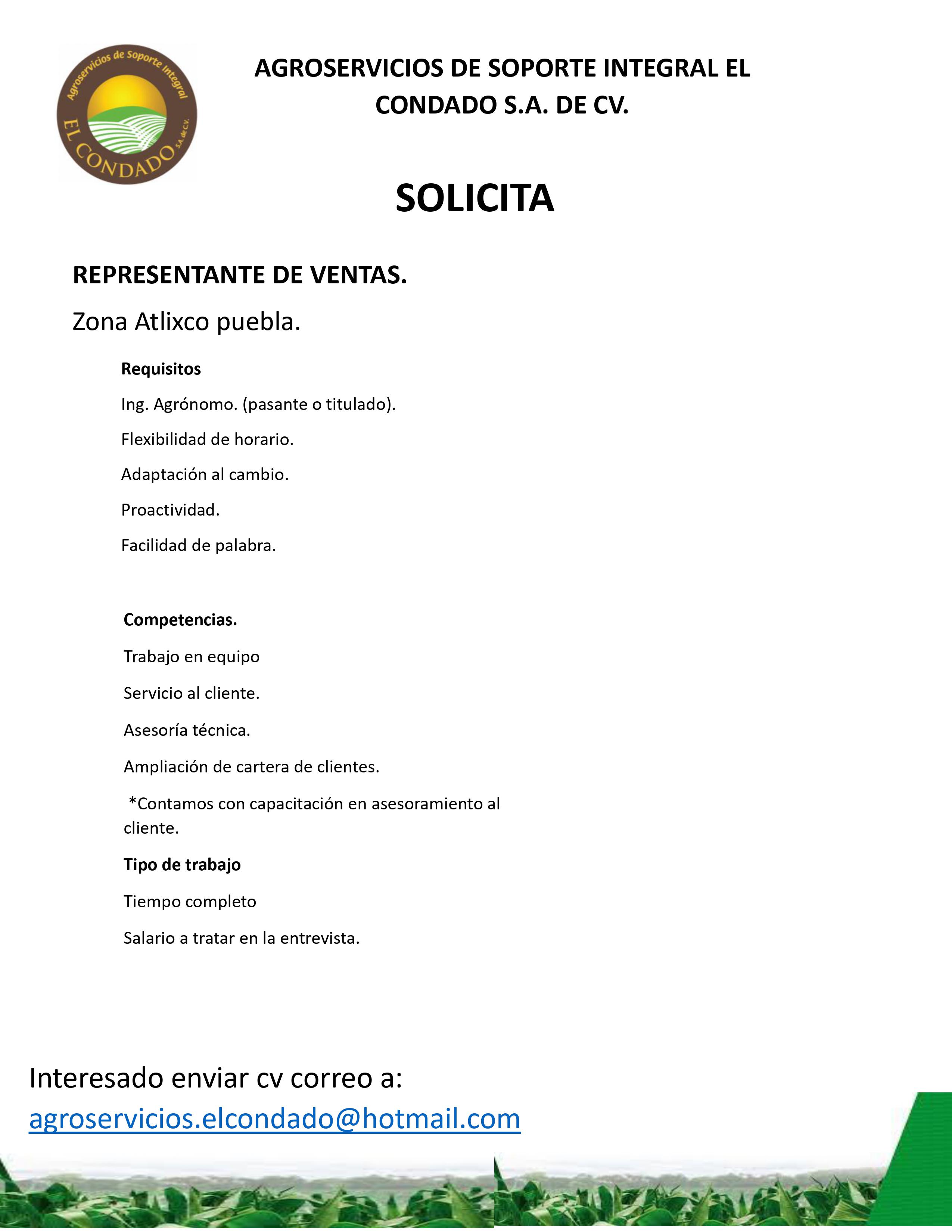 Convocatoria vacante - AGROSERVICIOS DE SOPORTE INTEGRAL EL CONDADO S.A. DE CV