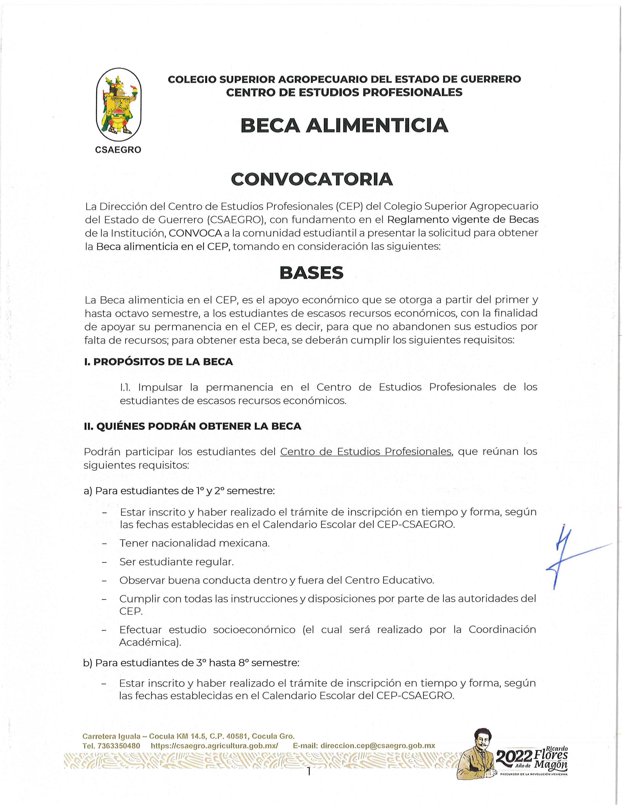 Convocatoria Beca Alimenticia Feb.- Jul. Centro de Estudios Profesionales pag. 1