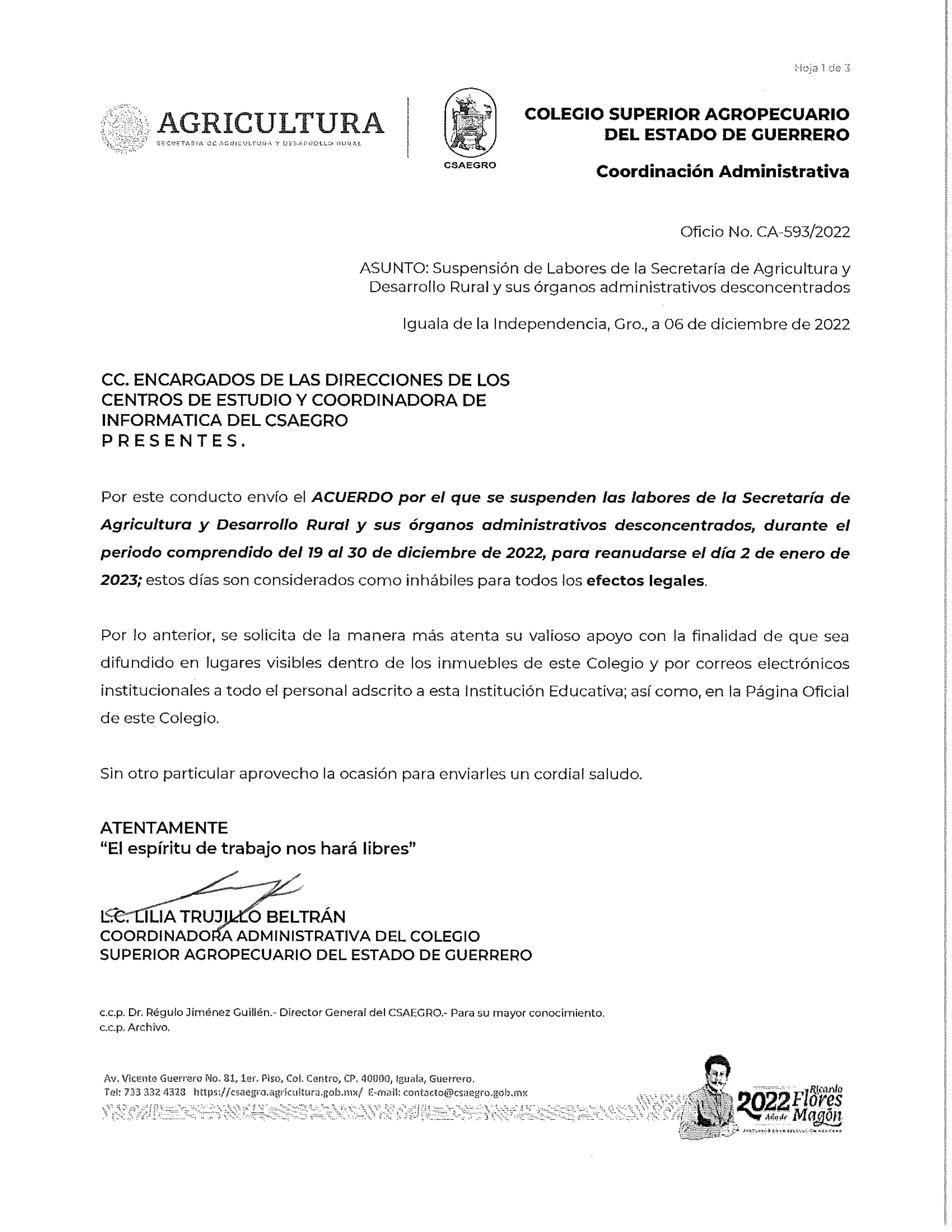 Oficio No.CA-593-2022 CEP, CET Y CI (Suspención de Labores de la Secretaria de Agricultura)