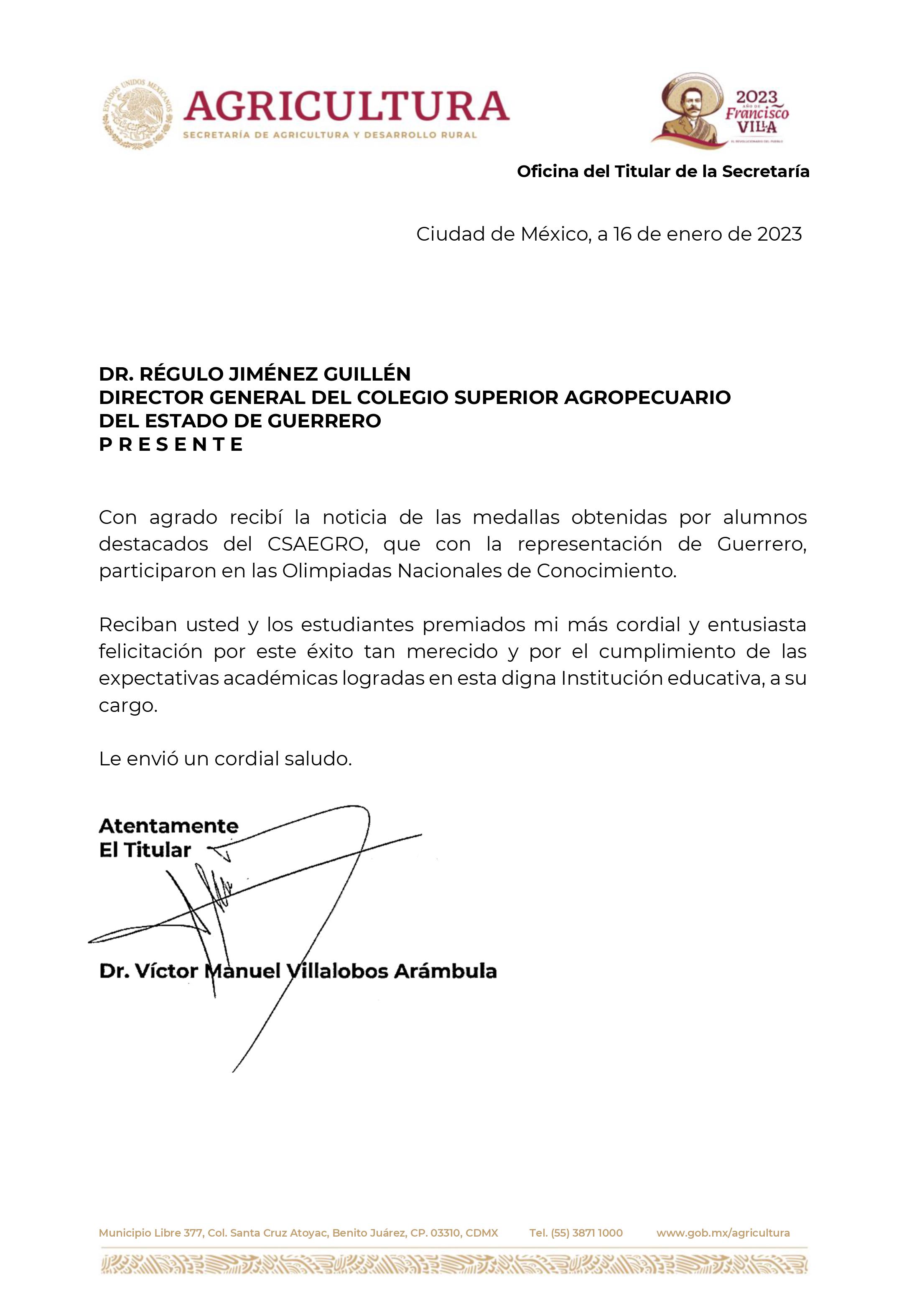 Carta de Felicitación por la obtención de medallas en Olimpiadas Nacionales de Conocimiento. - Dr. Victor Manuel Villalobos Arámbula