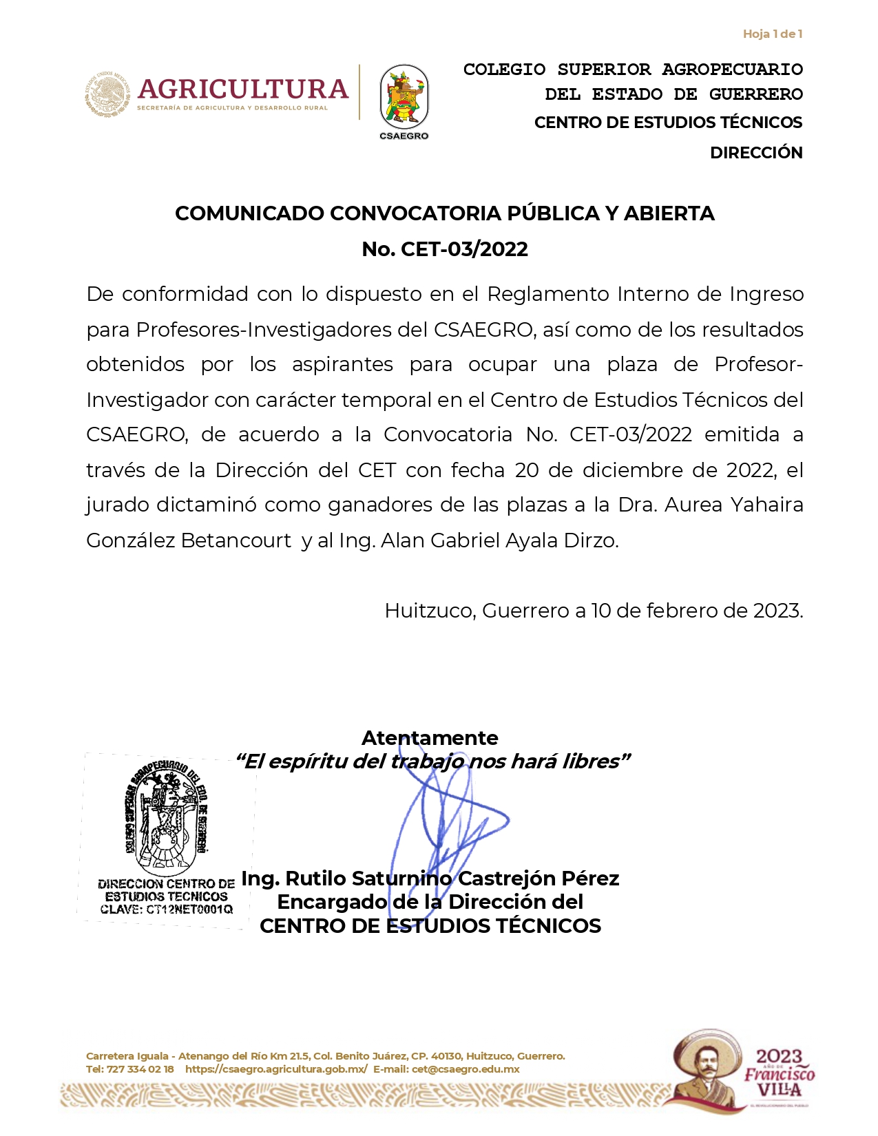 COMUNICADO CONVOCATORIA PÚBLICA Y ABIERTA No. CET-03/2022