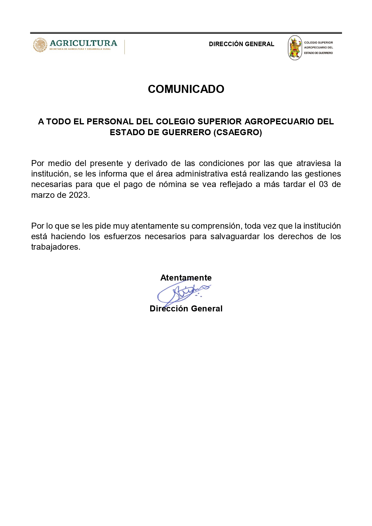 Comunicado Nómina CSAEGRO