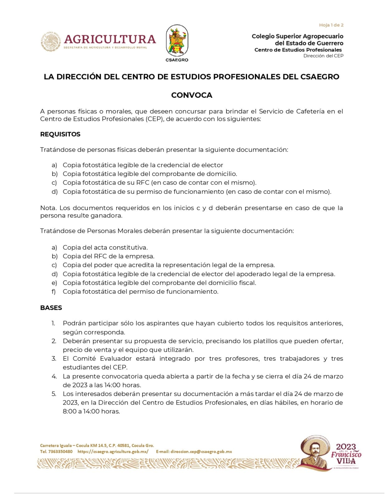 CONVOCATORIA CONCURSO VACANTE CAFETERIA CEP-CSAEGRO PAG.1