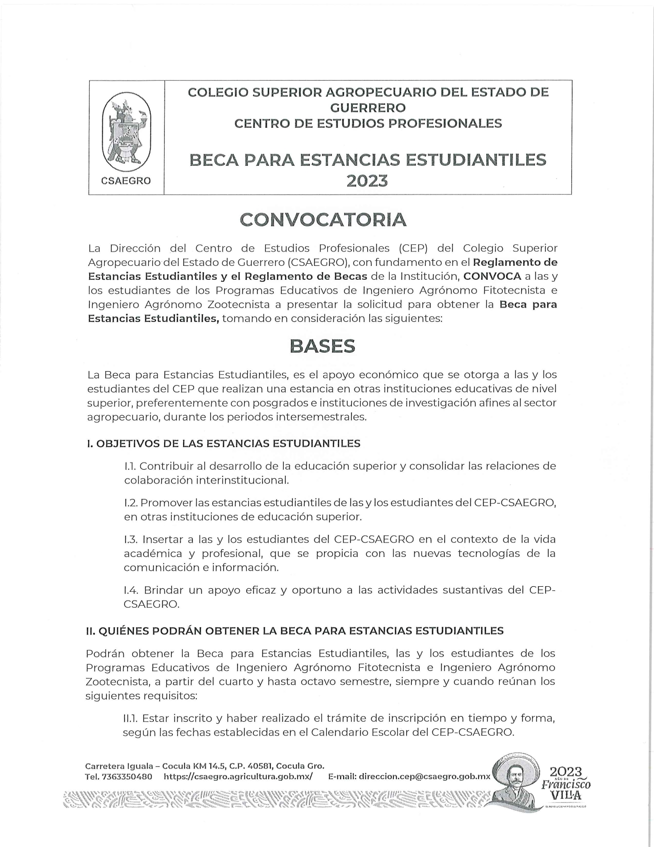 CONVOCATORIA BECA PARA ESTANCIAS ESTUDIANTILES 2023-001