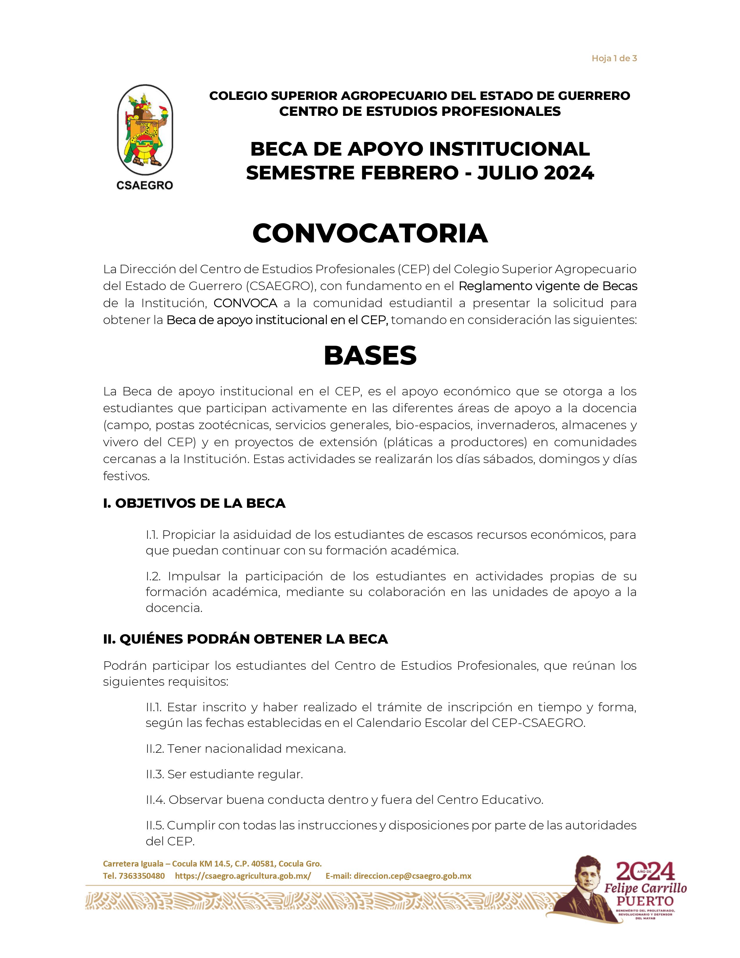CONVOCATORIA BECA DE APOYO INSTITUCIONAL SEMESTRE FEBRERO - JULIO 2024-1