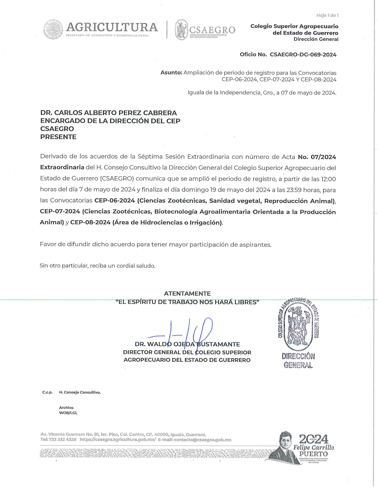 OFICIO NO. CSAEGRO-DG-069-2024 Ampliación de plazo para cierre de Convocatorias CEP