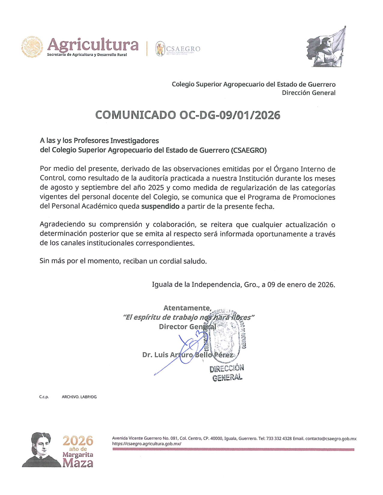 COMUNICADO OC-DG-09-01-2026