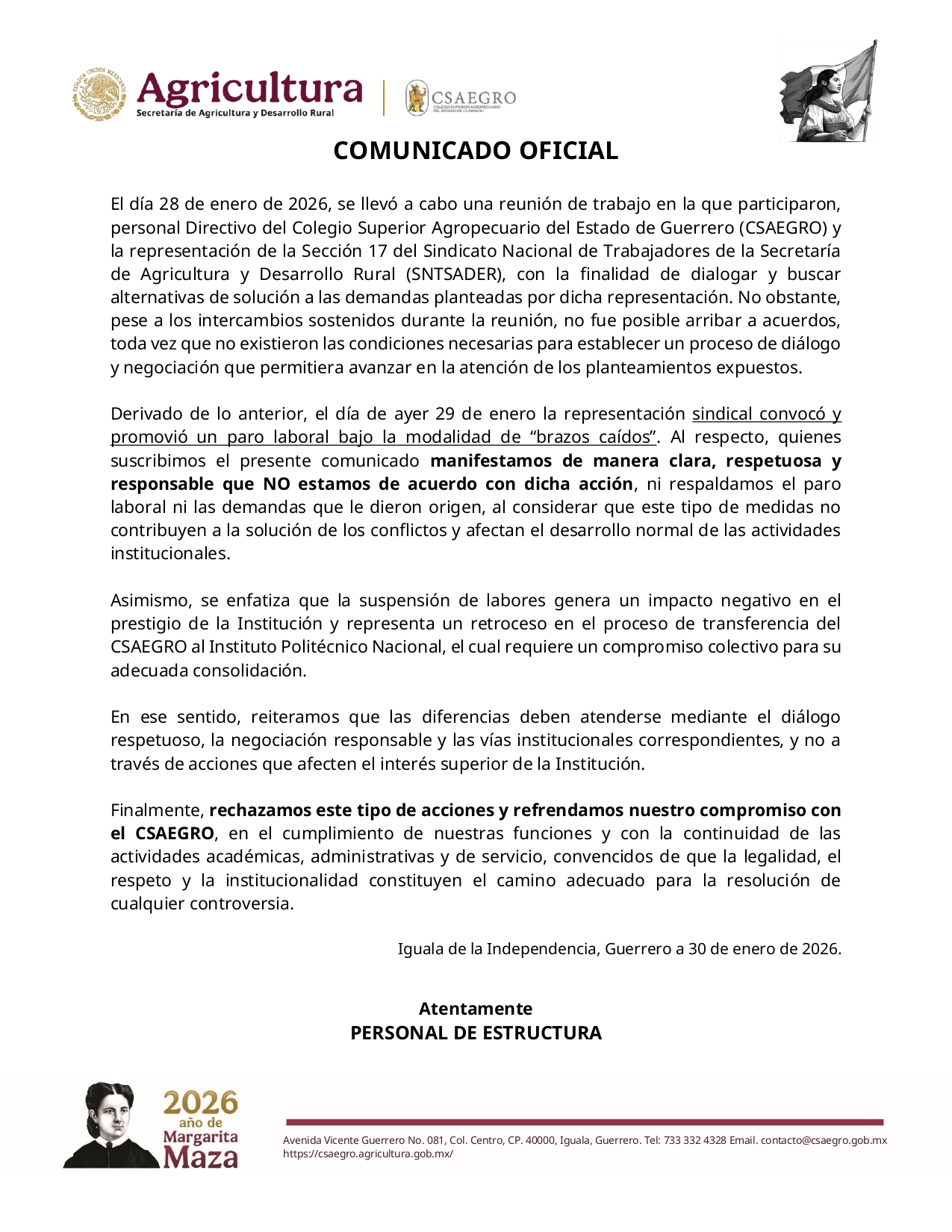 COMUNICADO 290126 OFICIAL